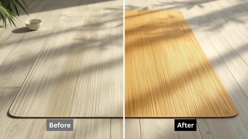 bamboo yoga mat before and after deep cleaning with vinegar water solution showing restored surface