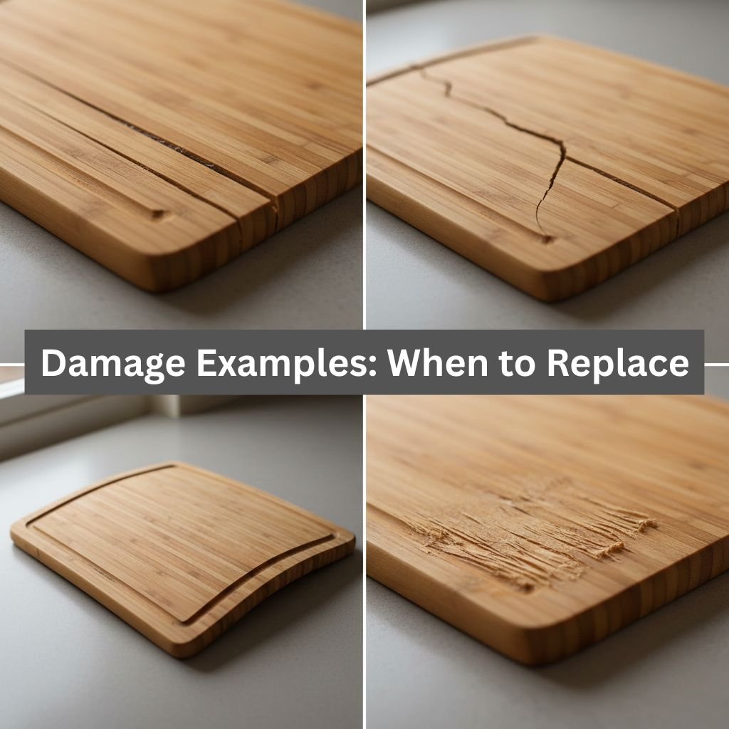 bamboo cutting board damage examples showing delamination cracking warping and when to replace