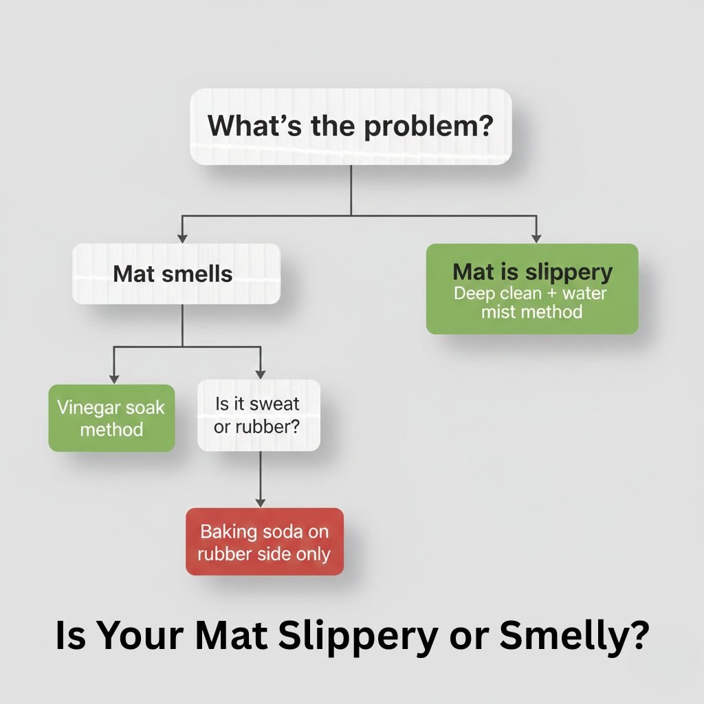 bamboo yoga mat troubleshooting flowchart for odor and slippery grip problems with solutions