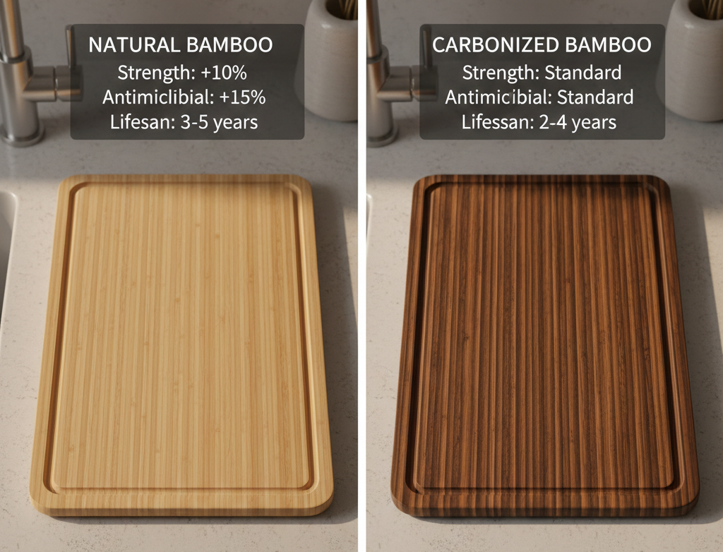 natural bamboo cutting board vs carbonized bamboo showing color difference and durability comparison