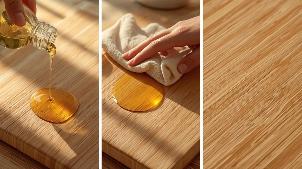 applying food grade mineral oil to bamboo cutting board with cloth for maintenance and protection