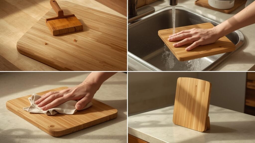 removing food debris from bamboo cutting board after use, rinsing bamboo cutting board under warm running water, wiping bamboo cutting board with damp microfiber cloth, bamboo cutting board standing upright to air dry properly