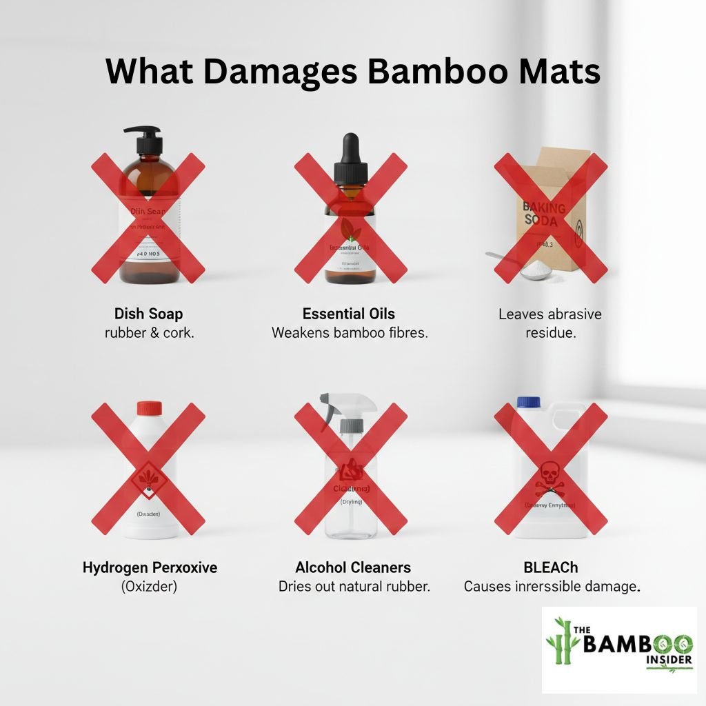 what not to use to clean bamboo yoga mat infographic showing pH damage and chemical harm