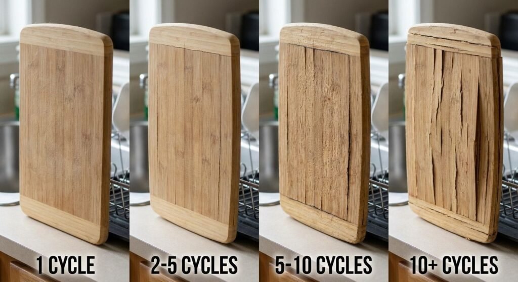 Progressive damage to bamboo cutting board after multiple dishwasher cycles, showing warping, cracks, and delamination