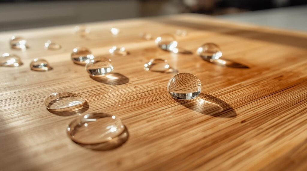 Water bead test on a properly oiled bamboo cutting board showing droplets sitting on the surface