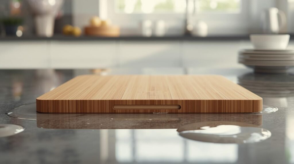 Bamboo cutting board left flat on wet countertop showing warping risk, highlighting why standing boards upright prevents damage