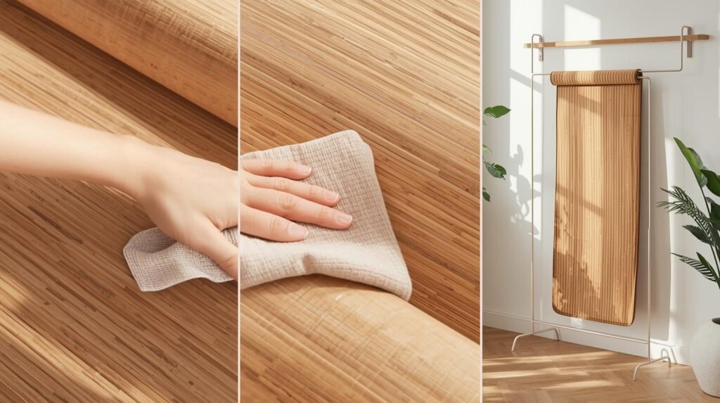 damp microfiber cloth for cleaning bamboo yoga mat daily
wiping bamboo yoga mat surface in one direction after practice
air drying bamboo yoga mat on rack after cleaning