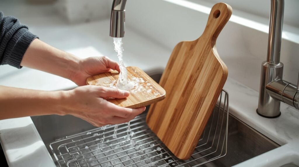 Proper hand-washing of bamboo cutting board under warm soapy water, showing safe drying technique and preservation of board