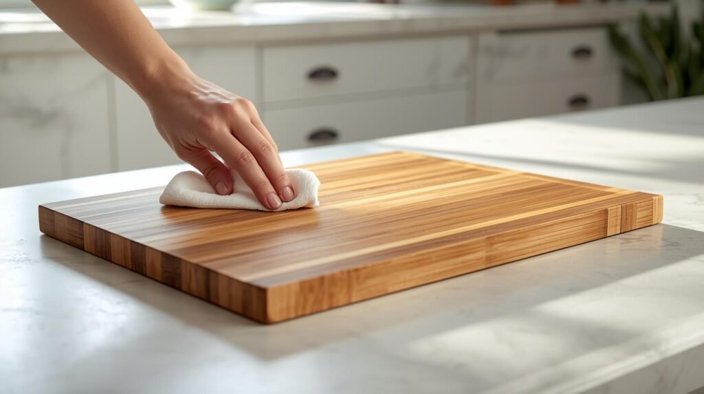 How to season a bamboo cutting board with mineral oil before first use, coating all sides and edges evenly