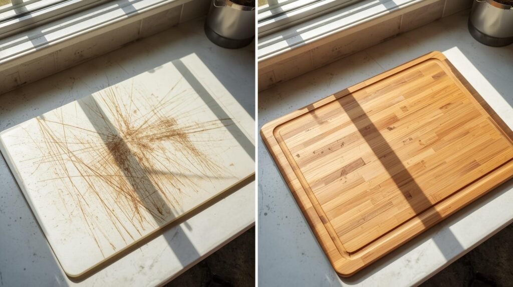 Side-by-side comparison of a bacteria-prone scratched plastic board versus a clean, sanitary bamboo cutting board.