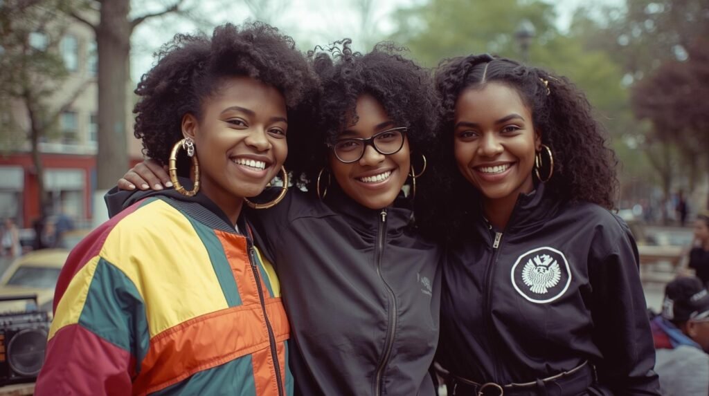 Young Black women wearing 1980s urban fashion, tracksuits, and large gold bamboo earrings at a Bronx park jam.