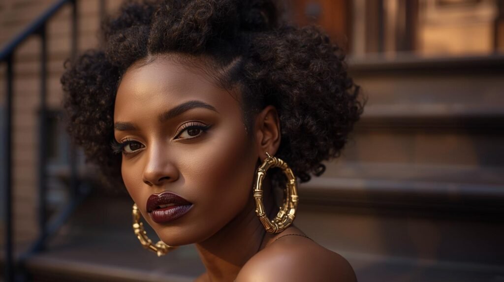 Confident woman with glossy lipstick and edges wearing oversized gold bamboo earrings on a Brooklyn brownstone stoop.