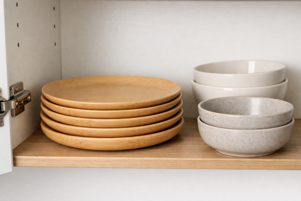 Stack of bamboo kitchen plates stored neatly in a home cabinet — lightweight stackable bamboo plates and bowls for everyday kitchen use
