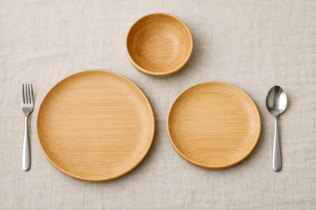 Complete bamboo plates and bowls combo set laid out on a linen tablecloth — reusable bamboo dinnerware set including dinner plate, salad plate and bamboo bowl
