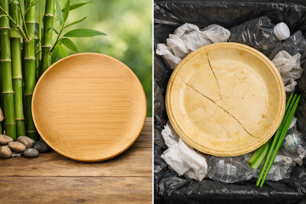 Comparison of eco-friendly bamboo plate next to bamboo plant versus plastic plate waste — why bamboo plates are better than plastic for sustainable dining