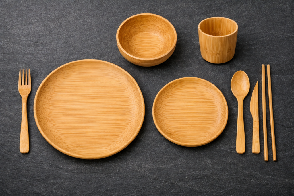 Full bamboo plates and cutlery set displayed as a complete place setting — bamboo dinner plate, bowl, cup, fork, knife, spoon and chopsticks arranged on dark slate