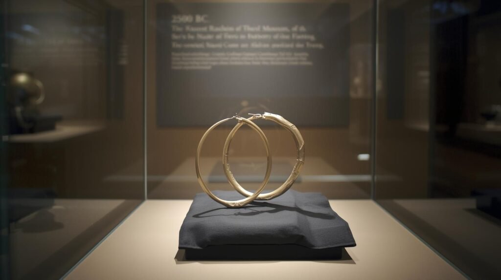 Ancient gold hoop earrings from the 2500 BC Sumerian/Nubian civilization on display in a museum exhibit.