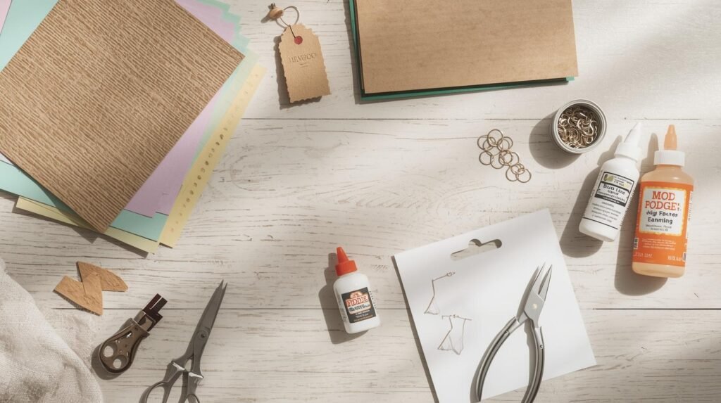 Top view of DIY bamboo earring materials: cardstock, foam sheets, faux leather, resin, pliers, jump rings, scissors, and adhesive, arranged neatly on a crafting table