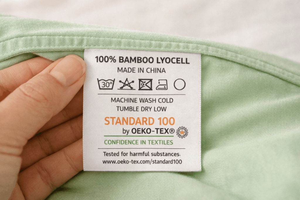 Bamboo lyocell pillowcase with OEKO-TEX certification label for hair-safe and eco-friendly bedding
