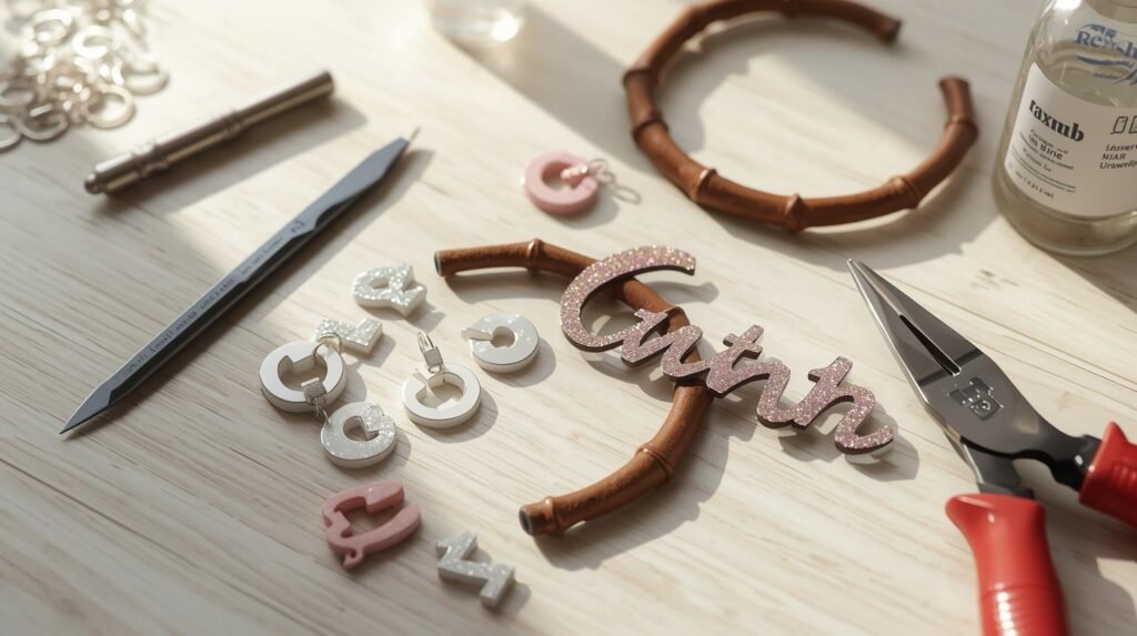 Handmade bamboo nameplate earrings on a crafting table with glitter cardstock, faux leather hoop base, X-Acto knife, and jump rings, highlighting personalized DIY jewelry project