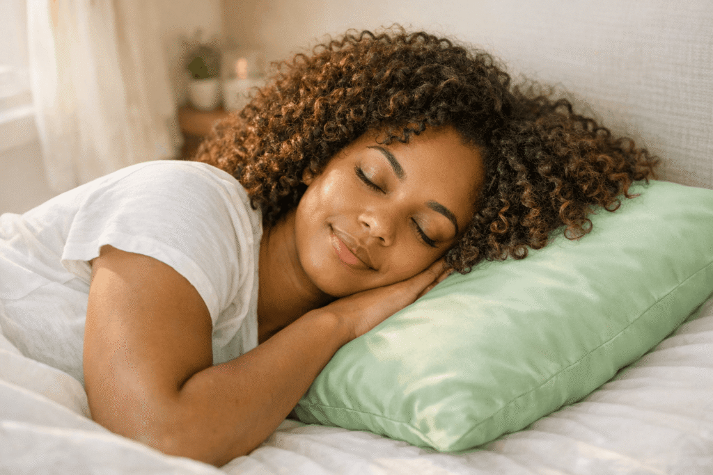 Woman with curly hair sleeping on bamboo pillowcase for frizz and breakage protection