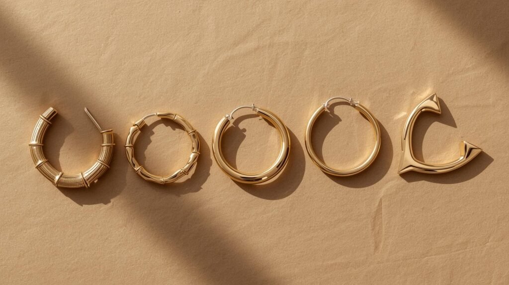 Comparison of gold door knocker earring styles including bamboo, shrimp, dolphin, heart, and triangle shapes.