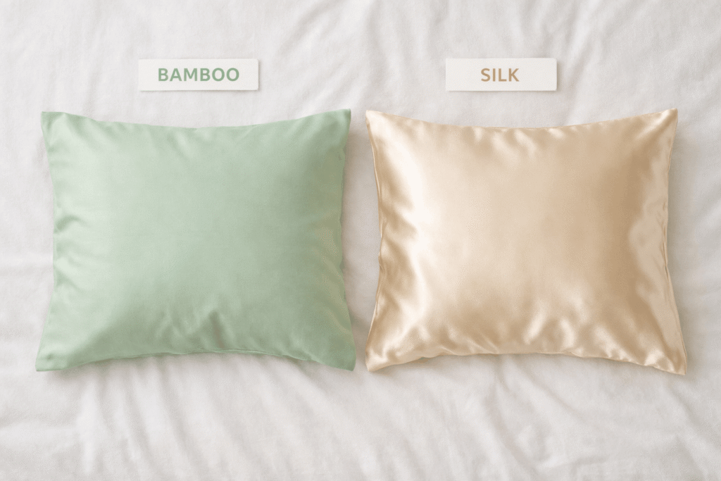Bamboo pillowcase vs silk pillowcase comparison for hair care and frizz reduction