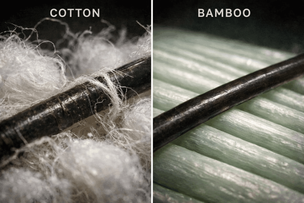Comparison of cotton vs bamboo pillowcase fibers showing hair friction and breakage difference