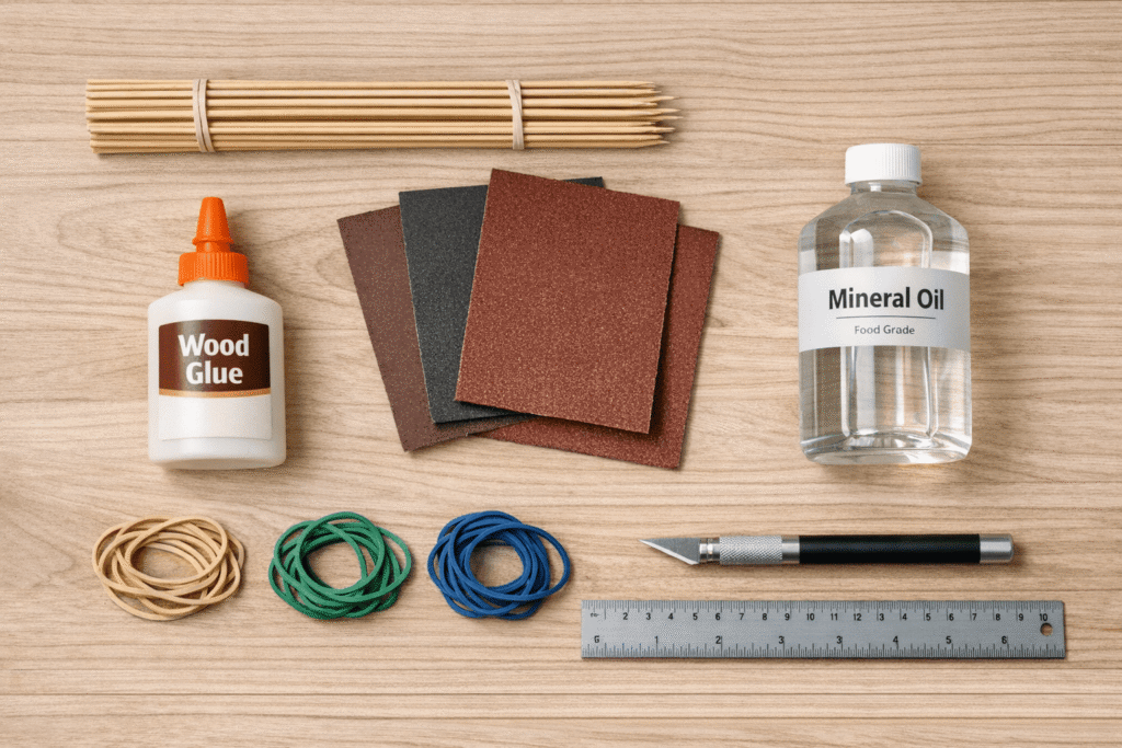 Materials and tools needed to make DIY bamboo coasters at home including bamboo skewers, glue, sandpaper, and food-safe sealant