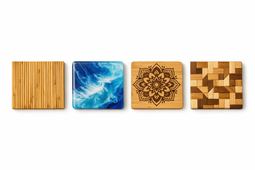 Creative DIY bamboo coaster variations including resin inlay, laser engraved personalized, and mosaic styles