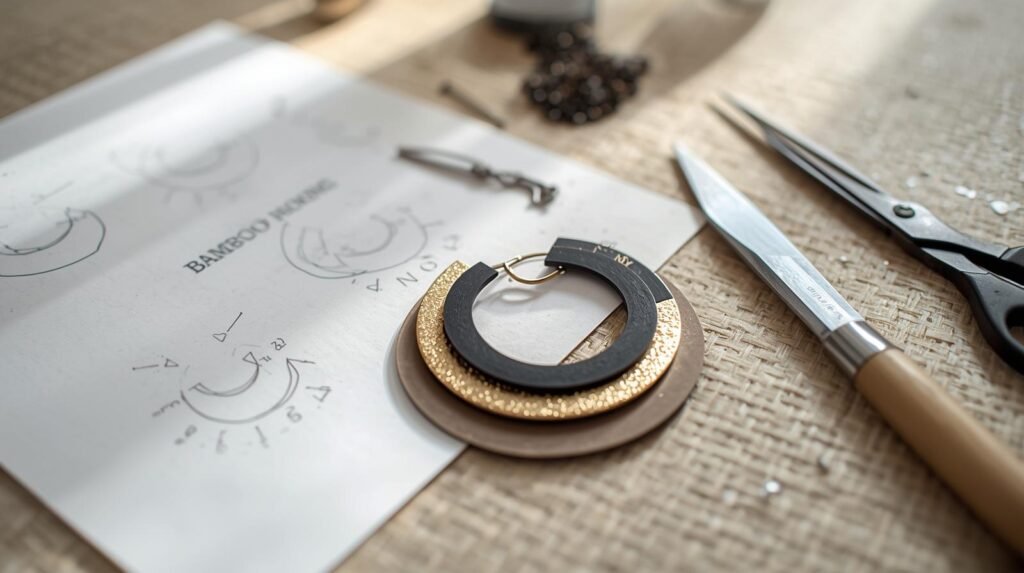 Step-by-step DIY bamboo earrings without a machine, showing traced template on cardstock, scissors, X-Acto knife, stacked layers, and partially painted bamboo earrings on a crafting mat