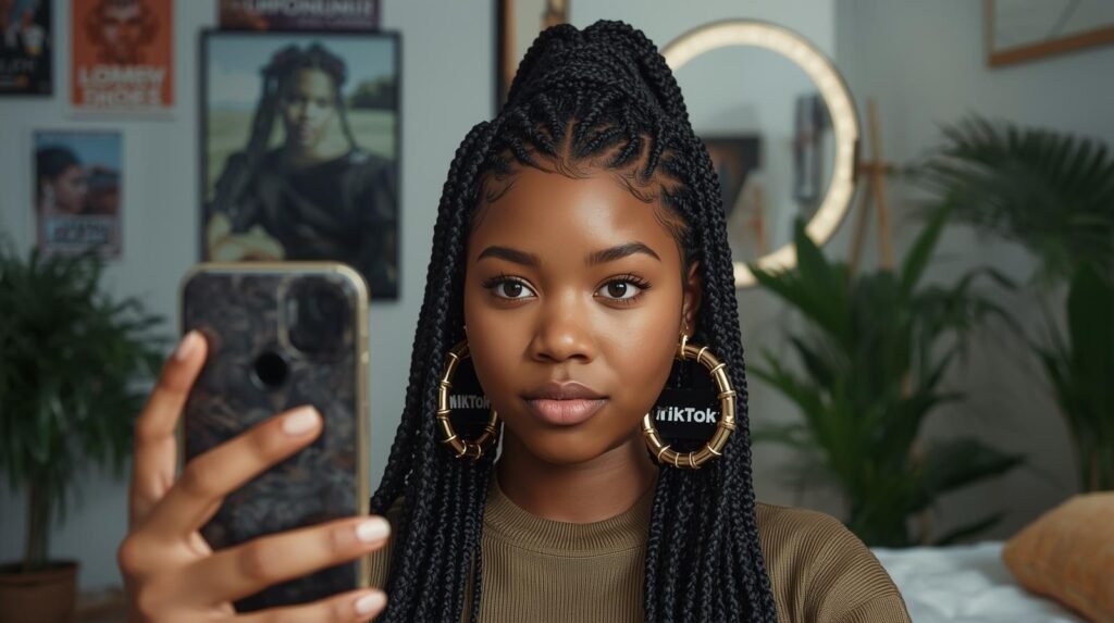 Gen Z creator recording a TikTok video about the history and styling of personalized bamboo nameplate earrings.