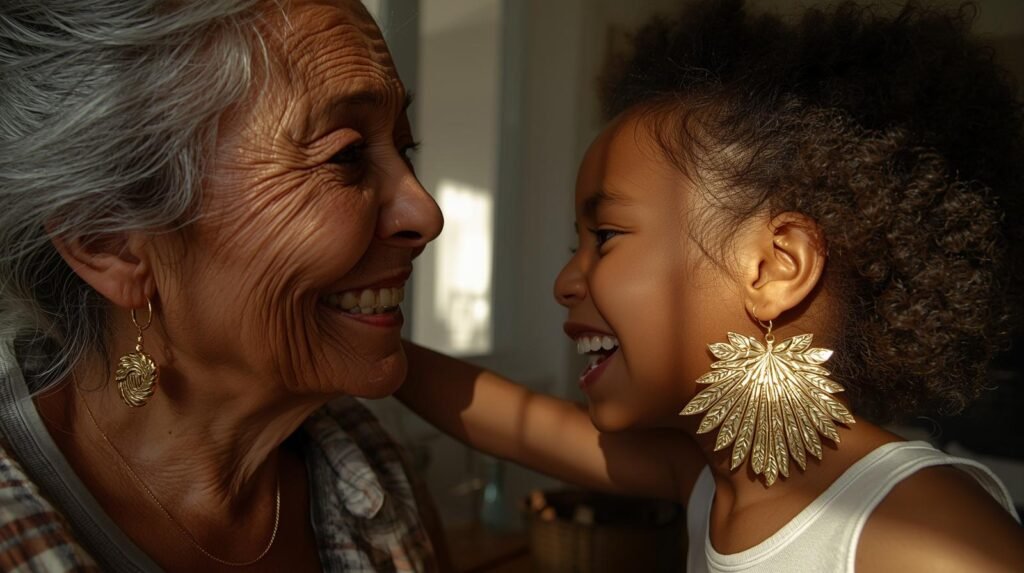A Latina grandmother and granddaughter sharing a moment, highlighting the generational tradition of gold hoop earrings.