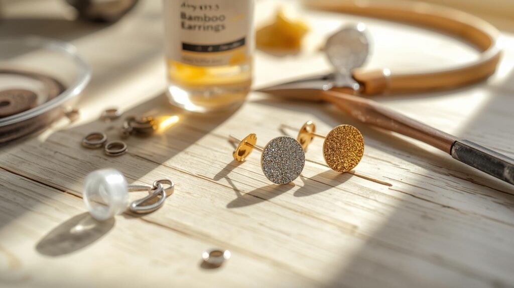 DIY glitter bamboo earrings on a crafting table with UV resin bottle and glitter scattered, showing sparkling gold and silver earrings in progress
