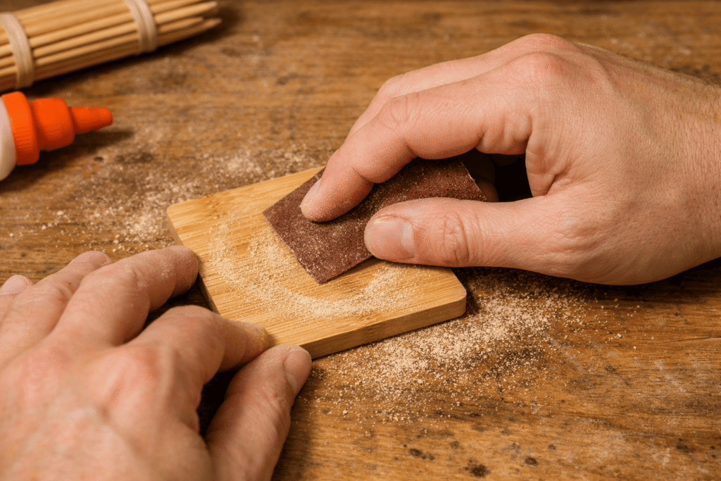 Sanding a DIY bamboo coaster with 220 grit sandpaper for a smooth splinter-free finish