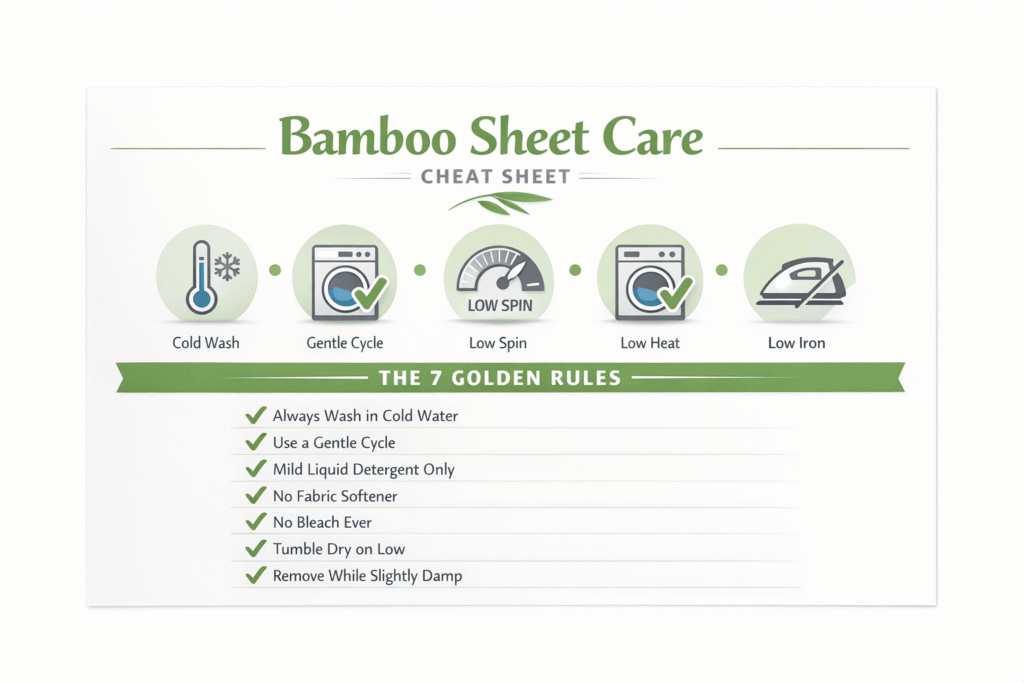 Bamboo sheets complete care instructions cheat sheet — washing, drying and maintenance guide 2026