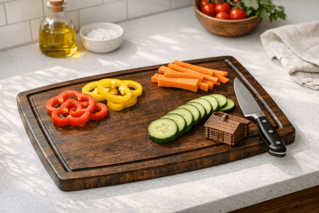 Carbonized bamboo cutting board on a kitchen counter with fresh vegetables and a knife showing its food safe everyday use