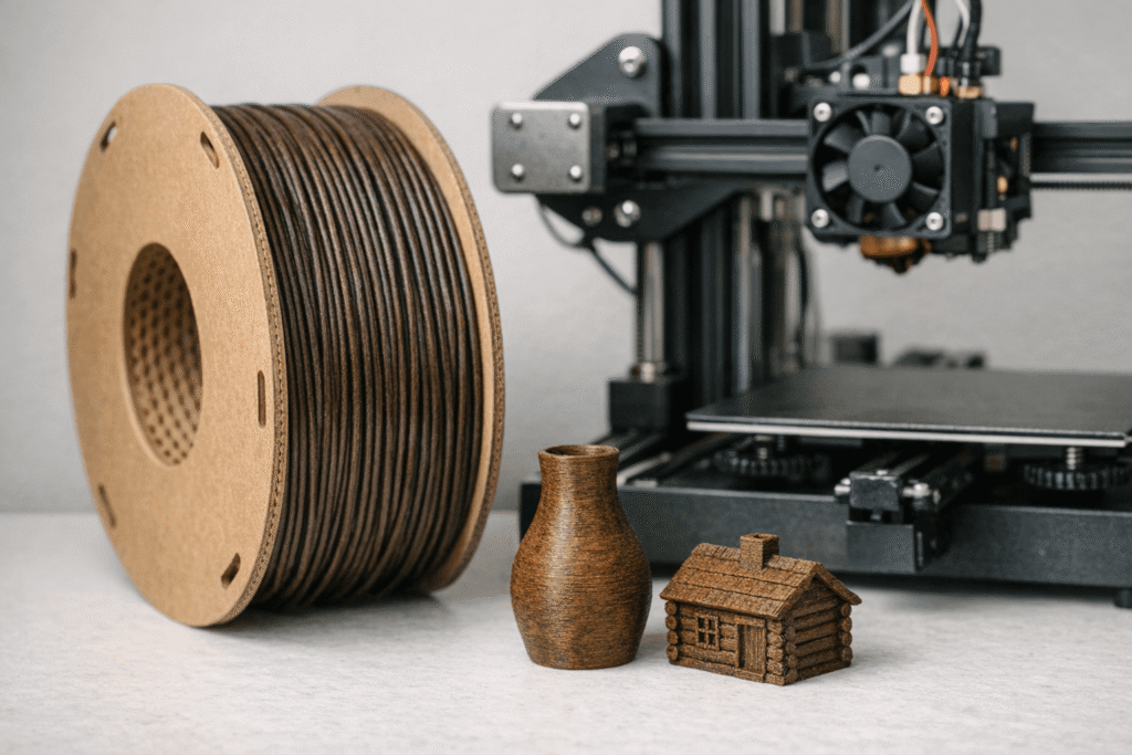 Spool of carbonized bamboo 3D printing filament next to a finished 3D printed object with a natural wood like texture