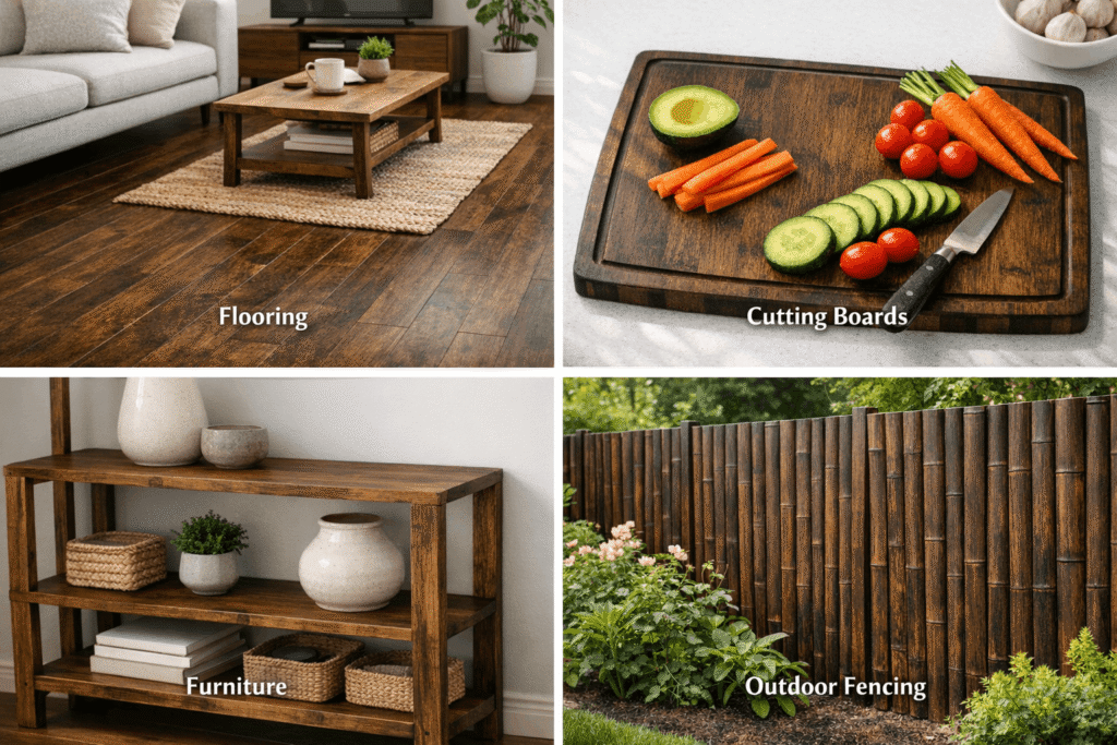 Four panel image showing carbonized bamboo uses including flooring cutting boards furniture and garden fencing