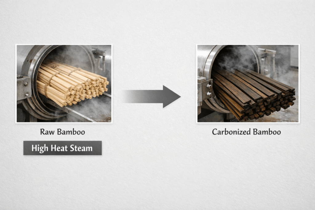 Step by step visual showing how raw bamboo strips are heat treated with high pressure steam to produce dark carbonized bamboo