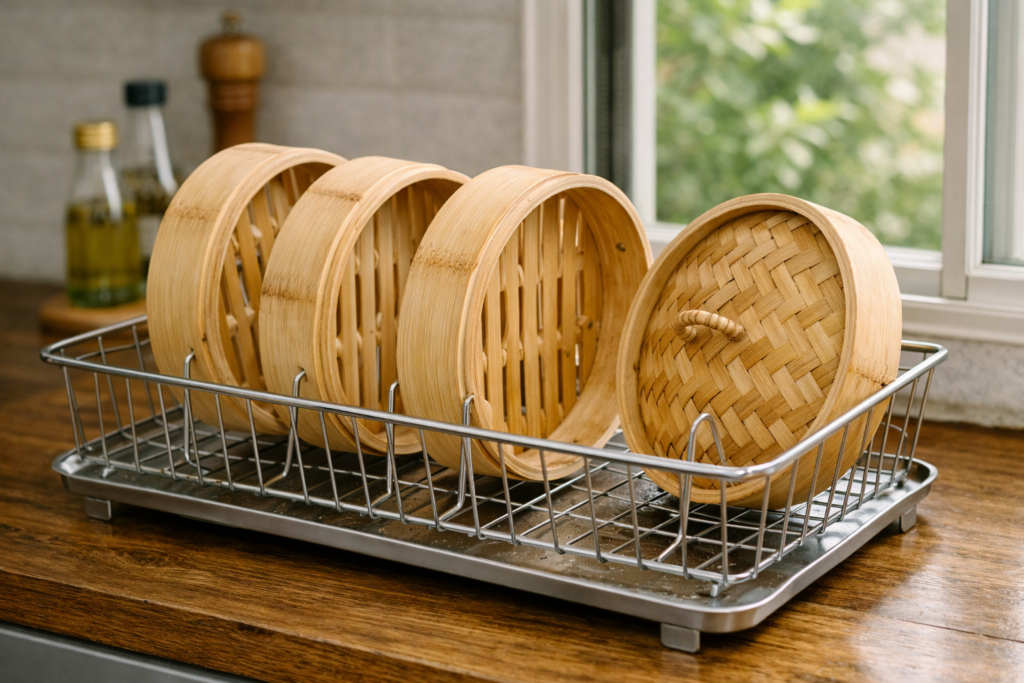 A cleaned bamboo steamer with all three tiers separated and standing upright on a dish drying rack near an open window to air dry completely after washing, preventing mold growth