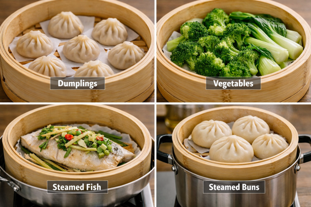A collage showing four different foods cooked in a bamboo steamer: soup dumplings, steamed broccoli and bok choy, a fish fillet, and steamed pork buns, each in their own basket
