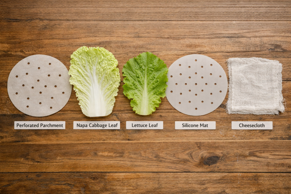 Five bamboo steamer liner options laid out flat: perforated parchment paper, napa cabbage leaf, lettuce leaf, silicone steamer mat, and cheesecloth, labeled for comparison