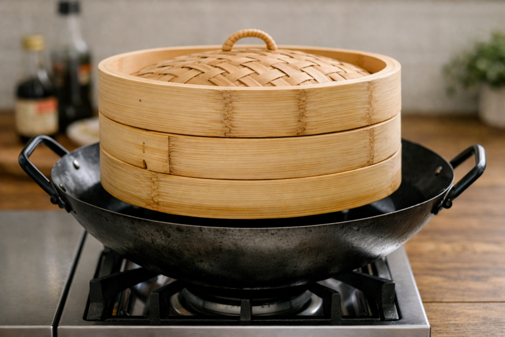 A 10-inch bamboo steamer basket correctly positioned with its rim resting on the edge of a carbon steel wok, showing proper placement before adding water