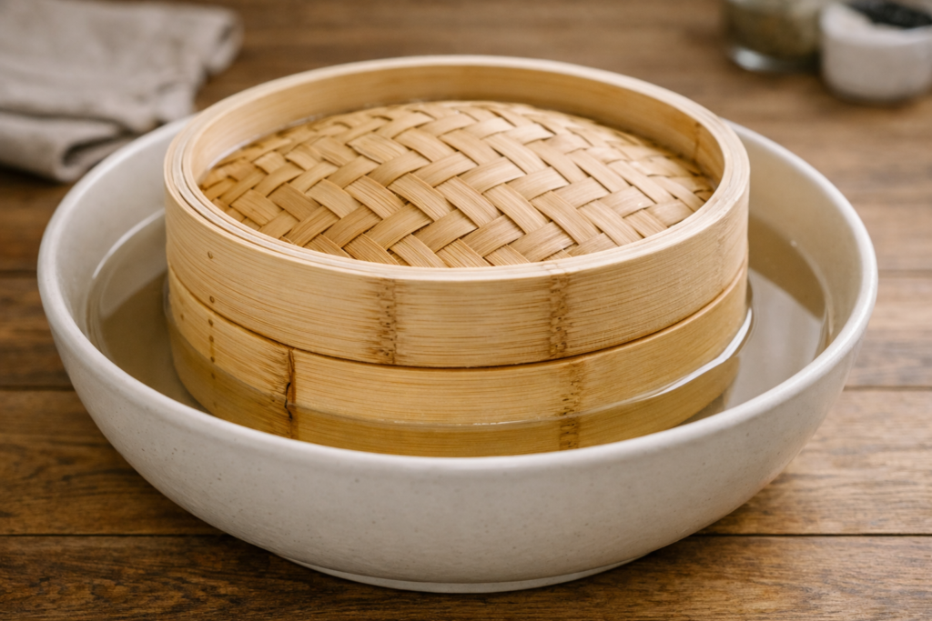 A new bamboo steamer basket with its bottom rim submerged in a bowl of warm water, soaking for 30 minutes before first use to prevent scorching