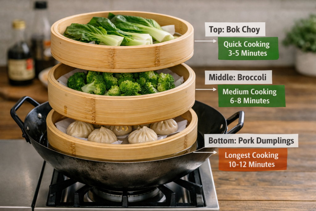 A three-tier bamboo steamer with dumplings on the bottom basket, broccoli on the middle basket, and bok choy on the top basket, illustrating how to stack different foods by cooking time
