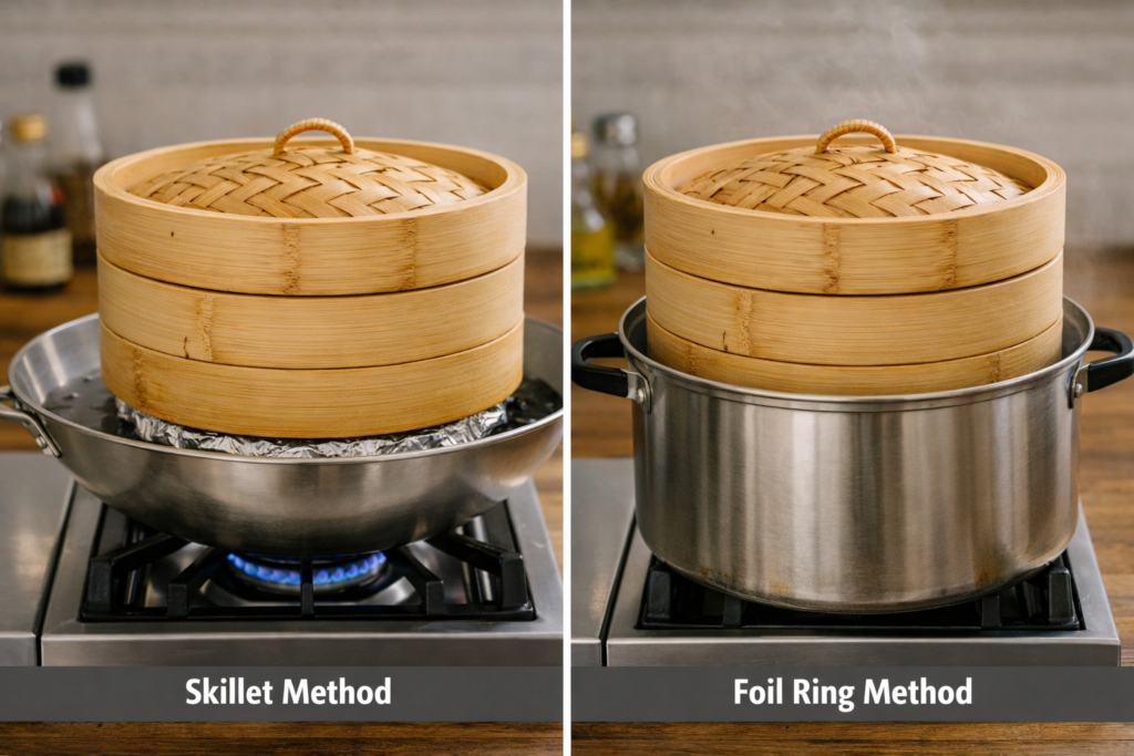 Two side-by-side images showing how to use a bamboo steamer without a wok: left shows a bamboo steamer resting on a wide stainless skillet, right shows a bamboo steamer elevated by a foil ring inside a stockpot