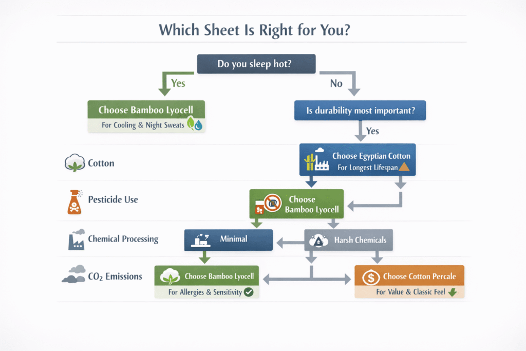 Flowchart decision guide helping readers choose between bamboo and cotton sheets based on their sleep profile and priorities