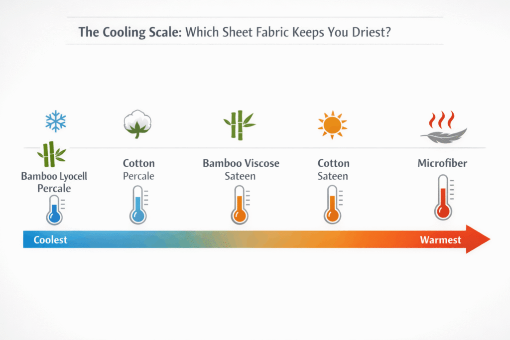 Cooling scale infographic ranking bamboo lyocell, cotton percale, bamboo viscose, cotton sateen, and microfiber sheets for hot sleepers
