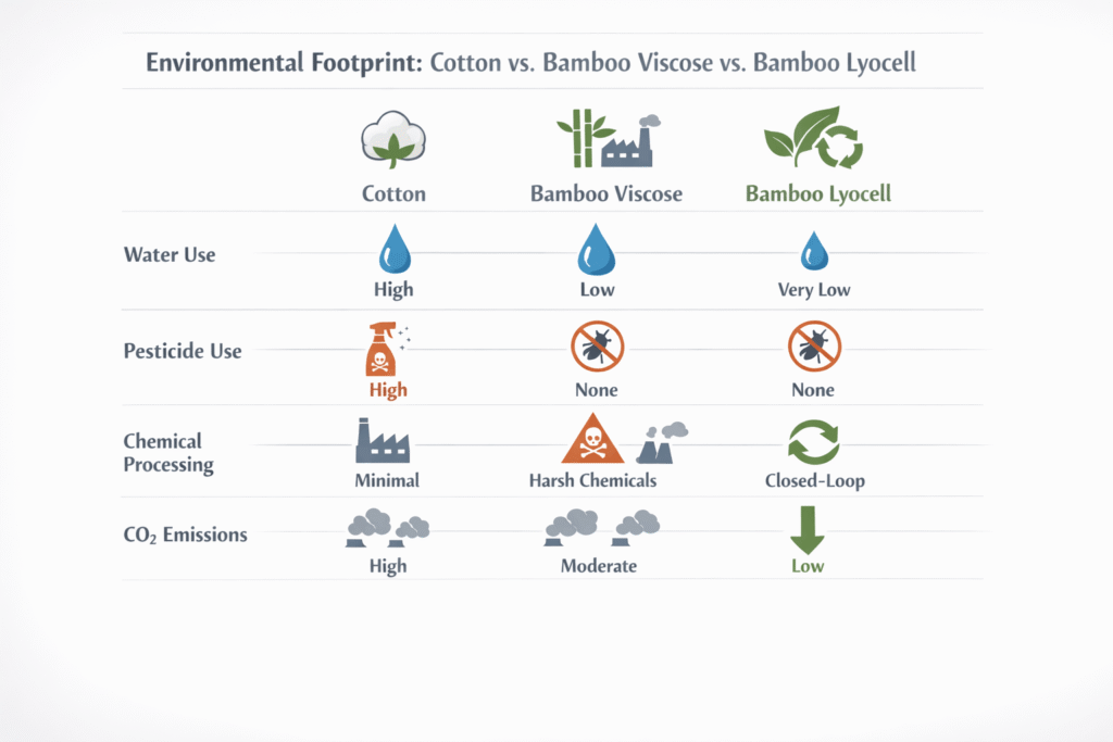 Environmental footprint comparison infographic for bamboo lyocell, bamboo viscose, and cotton sheets showing water use and carbon emissions